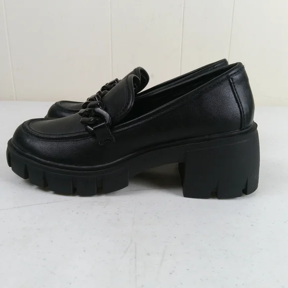 Madden Girl Black Chunky Slip On Loafers Size 6.5 Lug Soles Faux Leather - Picture 4 of 10